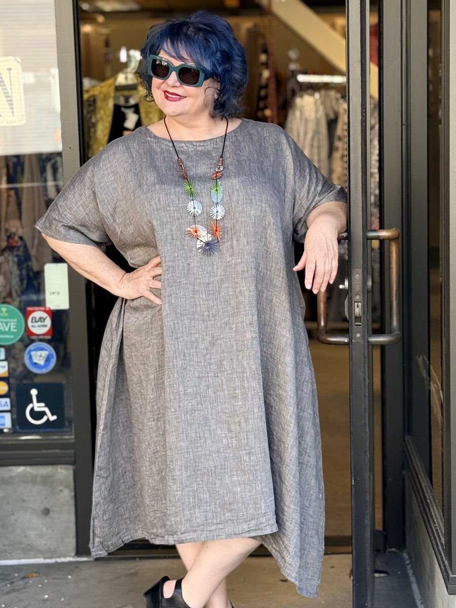 yuvita linen dress Lantern Dress- Grey Melange teen collection Material:78% Viscose/22% Linen/100% Silk Windsor black lace mini