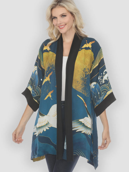 Citron Open Front Kimono-Crane Sky Gold Blue