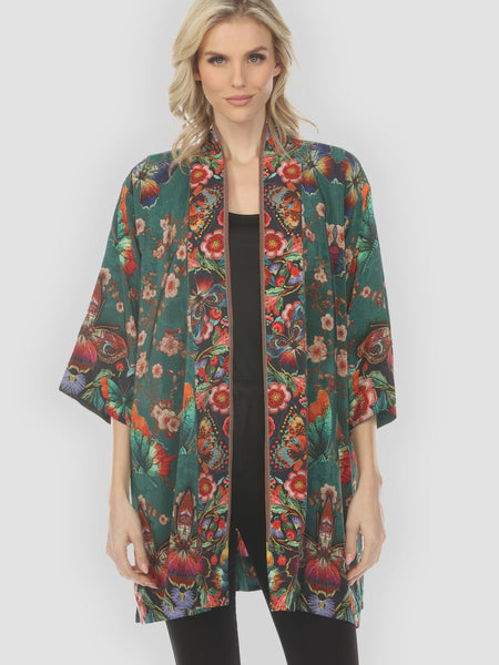 Citron Open Front Kimono- Embroidery Butterflies Blossoms in Green