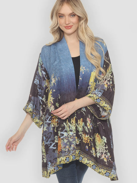 Citron Open Front Kimono-Mums Border