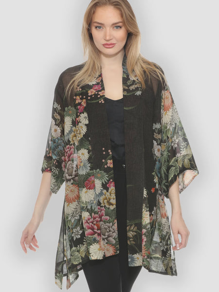 Citron Open Front Georgette Kimono-Vintage Flowers in Black