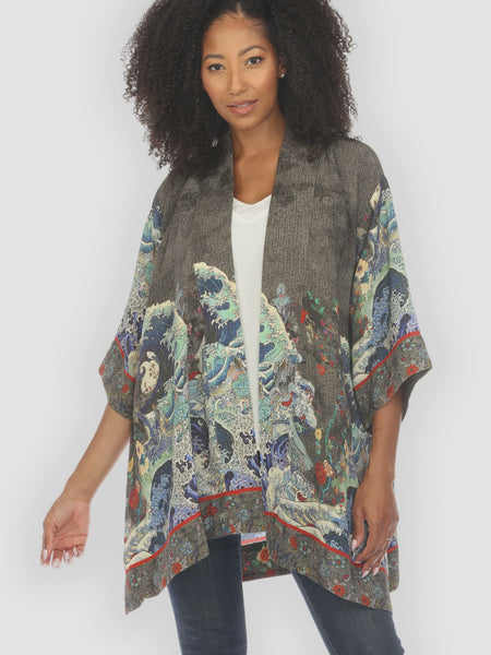 Citron Open Front Kimono-Waves Art in Dark Grey