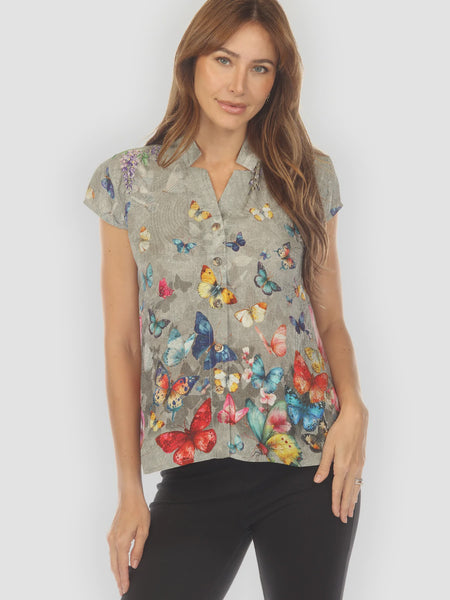 Citron Cap Sleeve Silk Blouse- Swarm of Butterflies