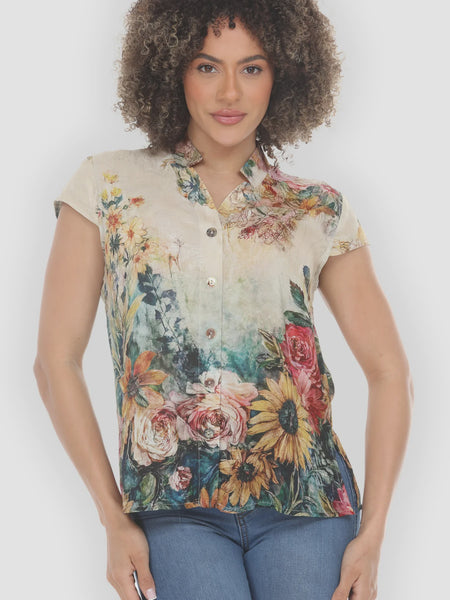 Citron Cap Sleeve Silk Blouse- Vintage Floral Art