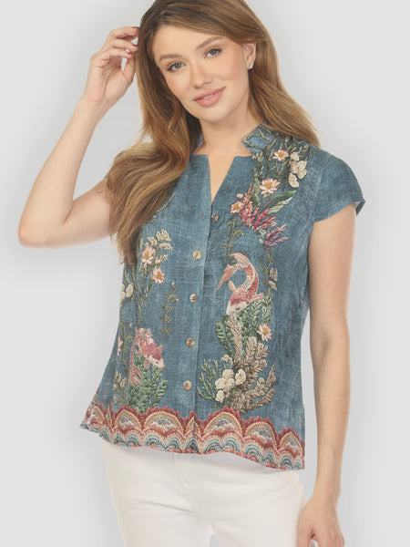 Citron Cap Sleeve Silk Blouse-Vintage Koi Embroidery