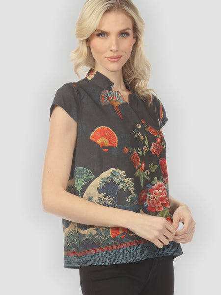 Citron Cap Sleeve Silk Blouse-Waves Fans Flowers in Black