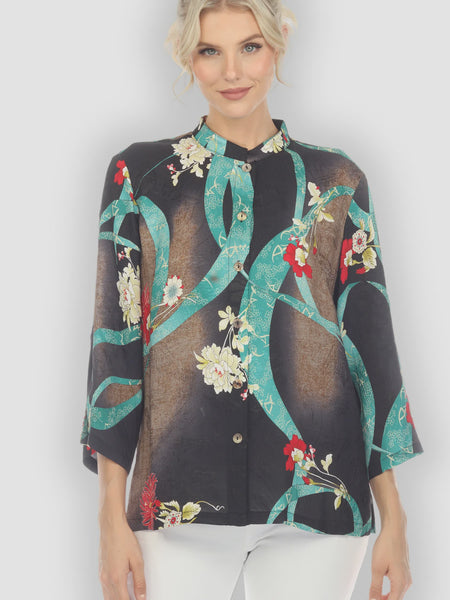 Citron 3/4 Mandarin Blouse- Flower and Swirls