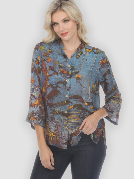 Citron 3/4 Mandarin Collar Blouse- Flower Over Water
