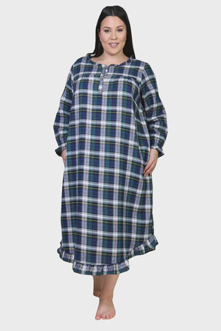 La Cera Flannel Gown-Blue Plaid