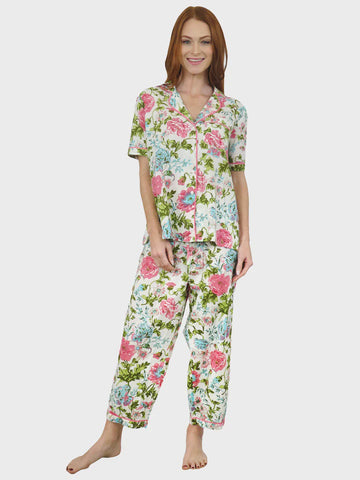 La Cera Short Sleeve Cotton Capri  Pajama-Ivory Floral