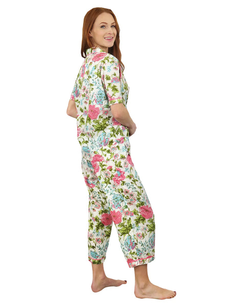 La Cera Short Sleeve Cotton Capri  Pajama-Ivory Floral