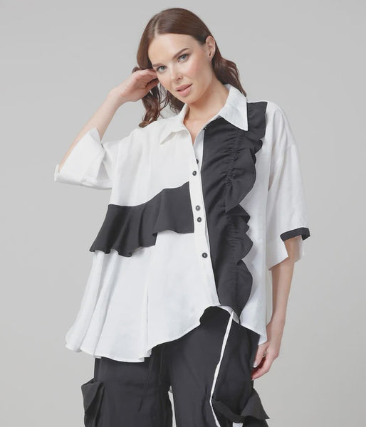 Nilmark White Asymmetrical Shirt-Black Ruffle