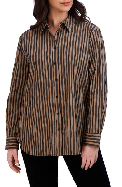 Foxcroft Crinkle Stripe Shirt-Almond/Black