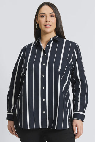 Foxcroft No-Iron Cotton Boyfriend Shirt-B/W Stripe