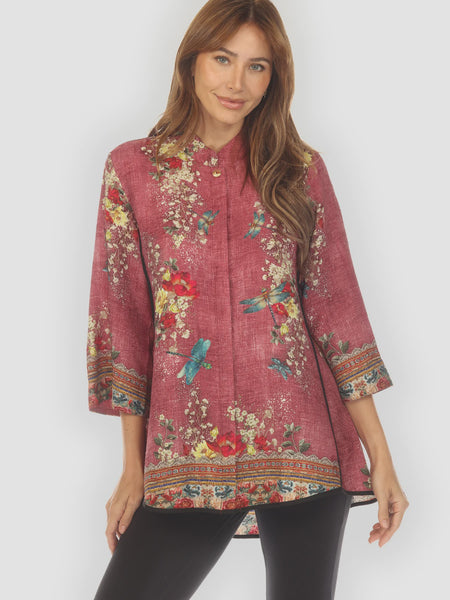 Citron Mandarin Tuck Shirt-Dragonflies and Waterlillies