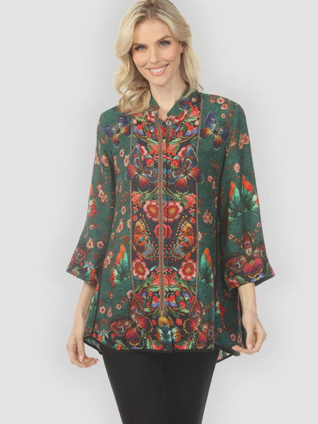 CItron Mandarin Tuck Blouse - Embroidery Butterflies Blossoms in Green