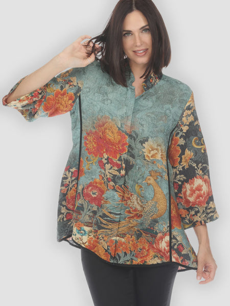 Citron Mandarin Tuck Blouse-Flowers Land