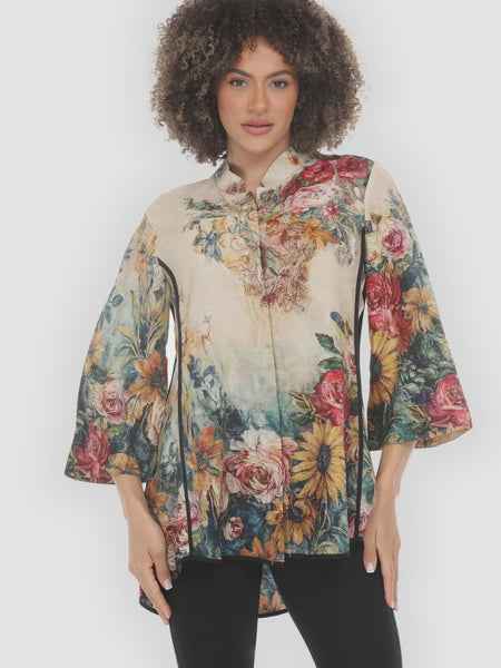 Citron Mandarin Tuck Blouse- Vintage Floral Art
