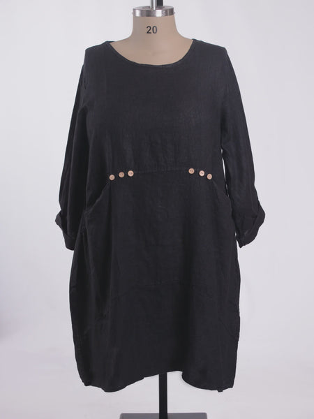 Pure Linen Dress with Button Detail/Pockets- Black