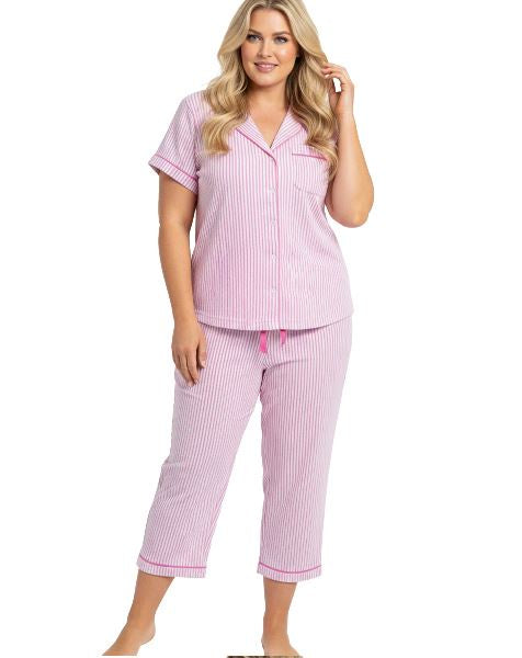 La Cera Cotton Knit Pinstripe Capri Pajama Set- Pink