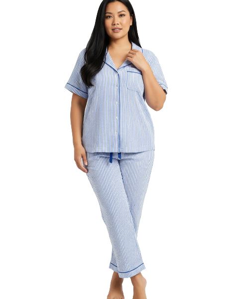 La Cera Cotton Knit Capri Pajama- Blue Pinstripe