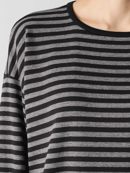 Eileen Fisher Striped Cozy Brushed Terry Long Top - Blk/Ash