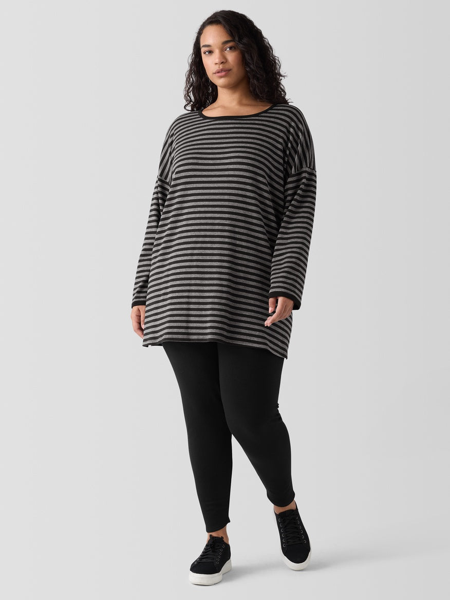 Eileen Fisher Striped Cozy Brushed Terry Long Top - Blk/Ash