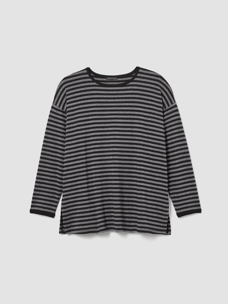 Eileen Fisher Striped Cozy Brushed Terry Long Top - Blk/Ash