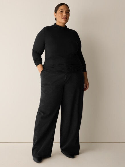 Eileen Fisher Sheer Cotton Blend Funnel Neck Tee- Black