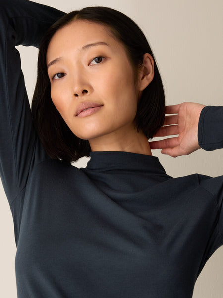 Eileen Fisher Sheer Cotton Blend Funnel Neck Tee- Black