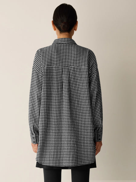 Eileen Fisher Wool Cotton Check Classic Collar Long Shirt