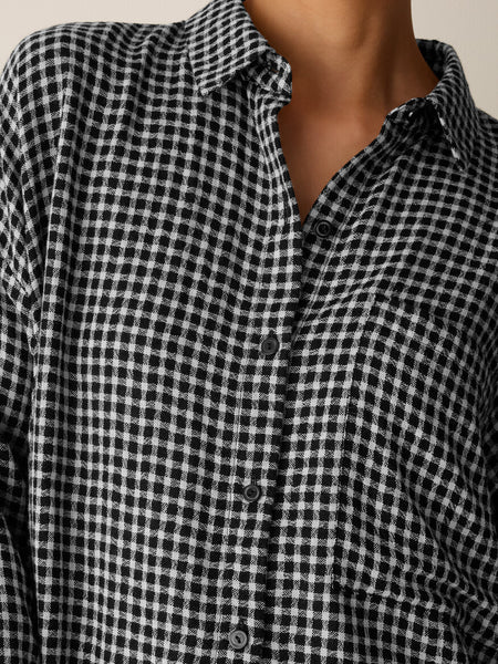 Eileen Fisher Wool Cotton Check Classic Collar Long Shirt