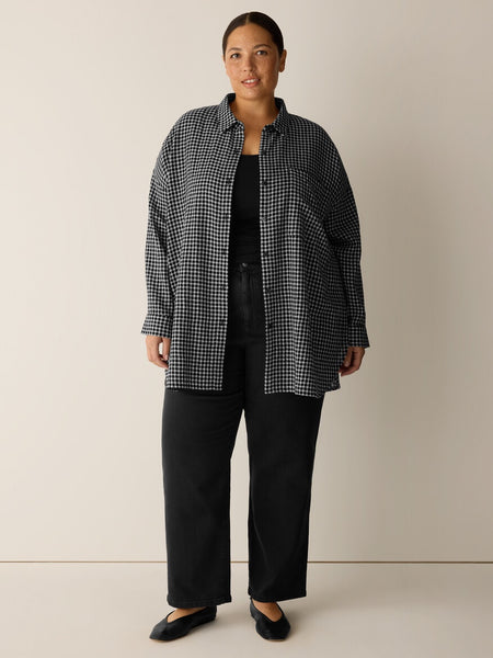 Eileen Fisher Wool Cotton Check Classic Collar Long Shirt