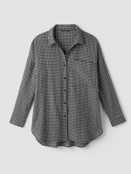 Eileen Fisher Wool Cotton Check Classic Collar Long Shirt