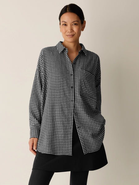 Eileen Fisher Wool Cotton Check Classic Collar Long Shirt