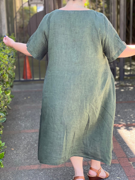 Yuvita Linen Dress- Green Melange