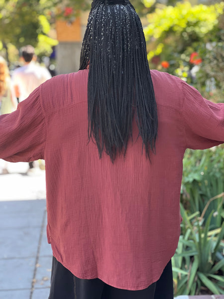 Kleen Cotton Gauze Pintuck Button Down-Berry