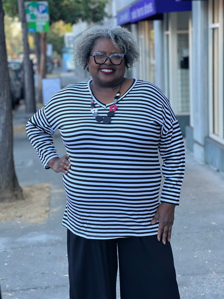 Pure French Terry Stripe V-Neck Black/White