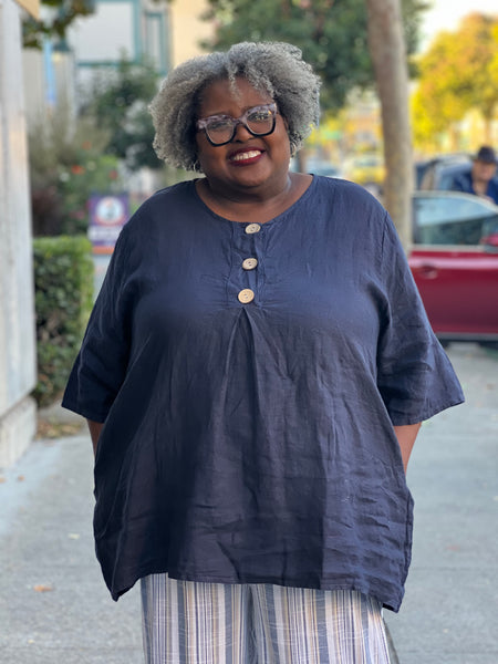 Pure Linen Button Tunic-Navy
