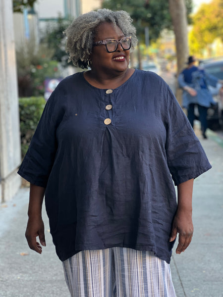 Pure Linen Button Tunic-Navy