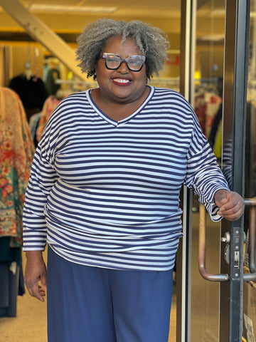 Pure French Terry Stripe V-Neck Navy/White