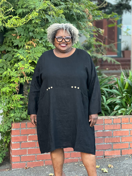 Pure Linen Dress with Button Detail/Pockets- Black