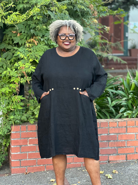 Pure Linen Dress with Button Detail/Pockets- Black