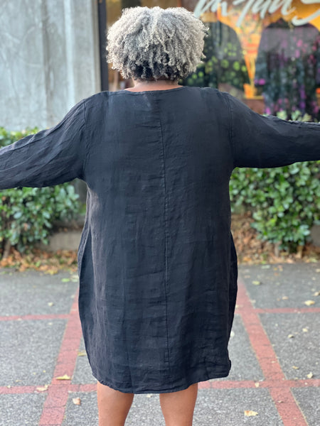 Pure Linen Dress with Button Detail/Pockets- Black