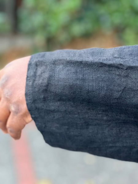 Pure Linen Dress with Button Detail/Pockets- Black