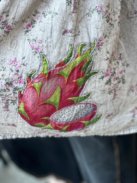 Paper Lace Cotton Button Front with Dragonfruit Applique-OS
