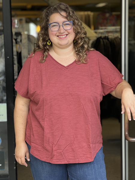 Kleen Short Sleeve Rolled Hem V-Neck-Berry