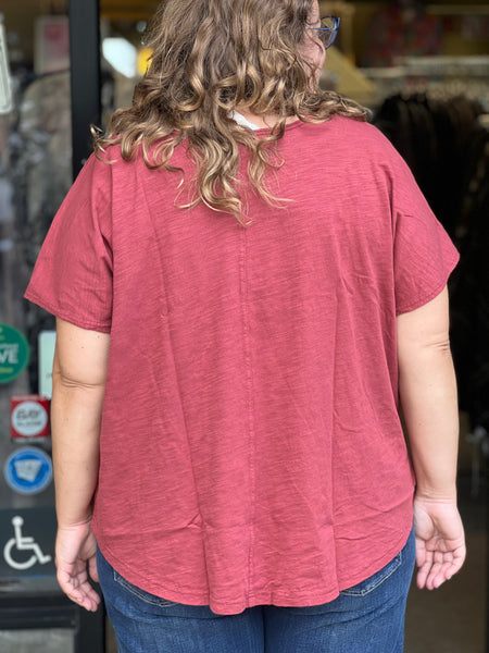 Kleen Short Sleeve Rolled Hem V-Neck-Berry