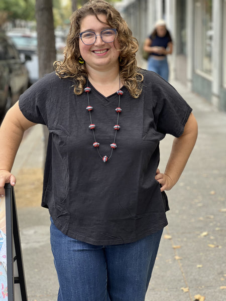 Kleen Short Sleeve Rolled Hem V-Neck-Black