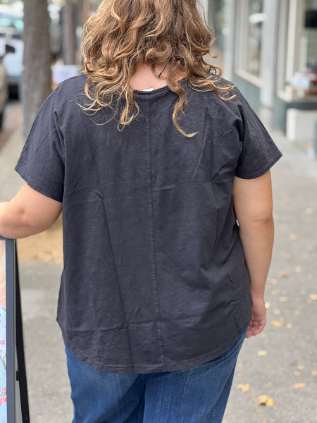 Kleen Short Sleeve Rolled Hem V-Neck-Black